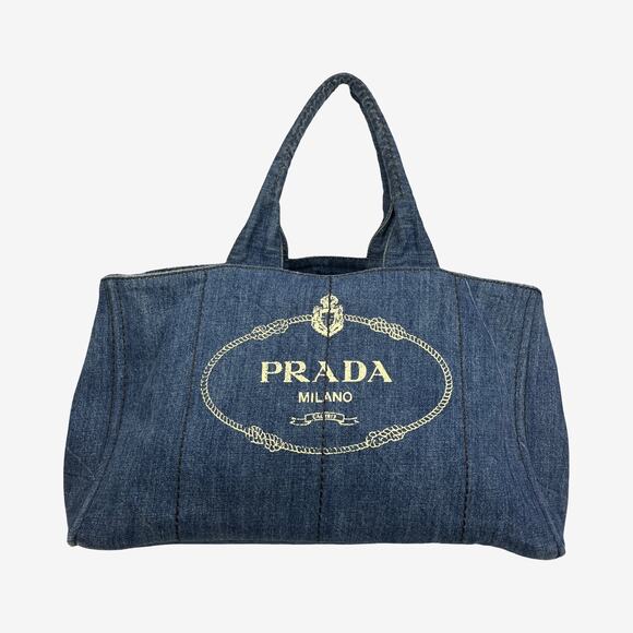 Prada Canapa Denim Logo Tote Bag Blue XL Large Top Handle Milano Italy - Picture 1 of 16